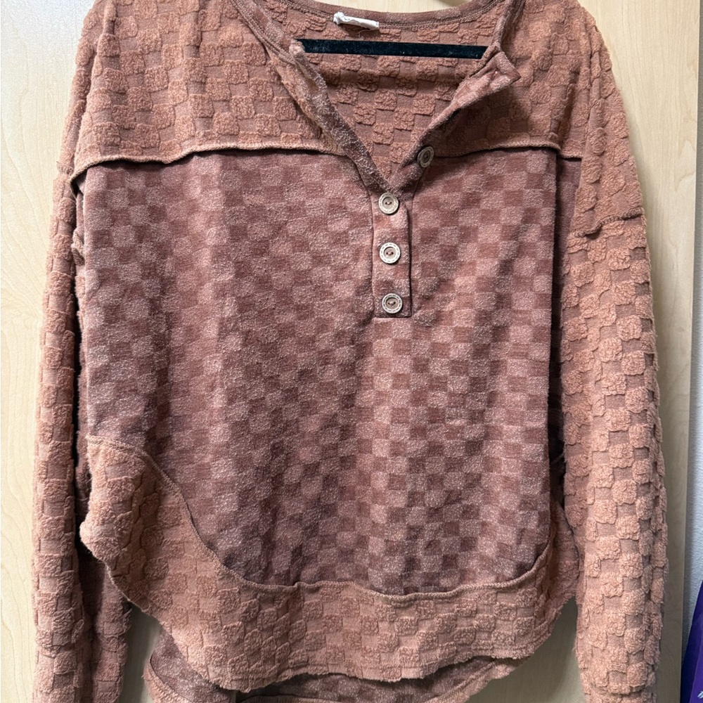 Checkered Textured Brown Long Sleeve Top